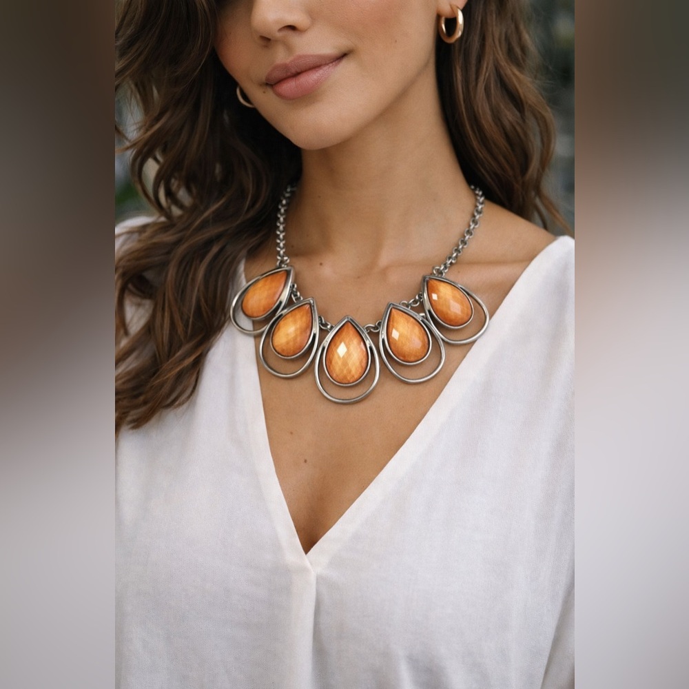 Plunder Light Orange Faux Stone Silver Statement Necklace